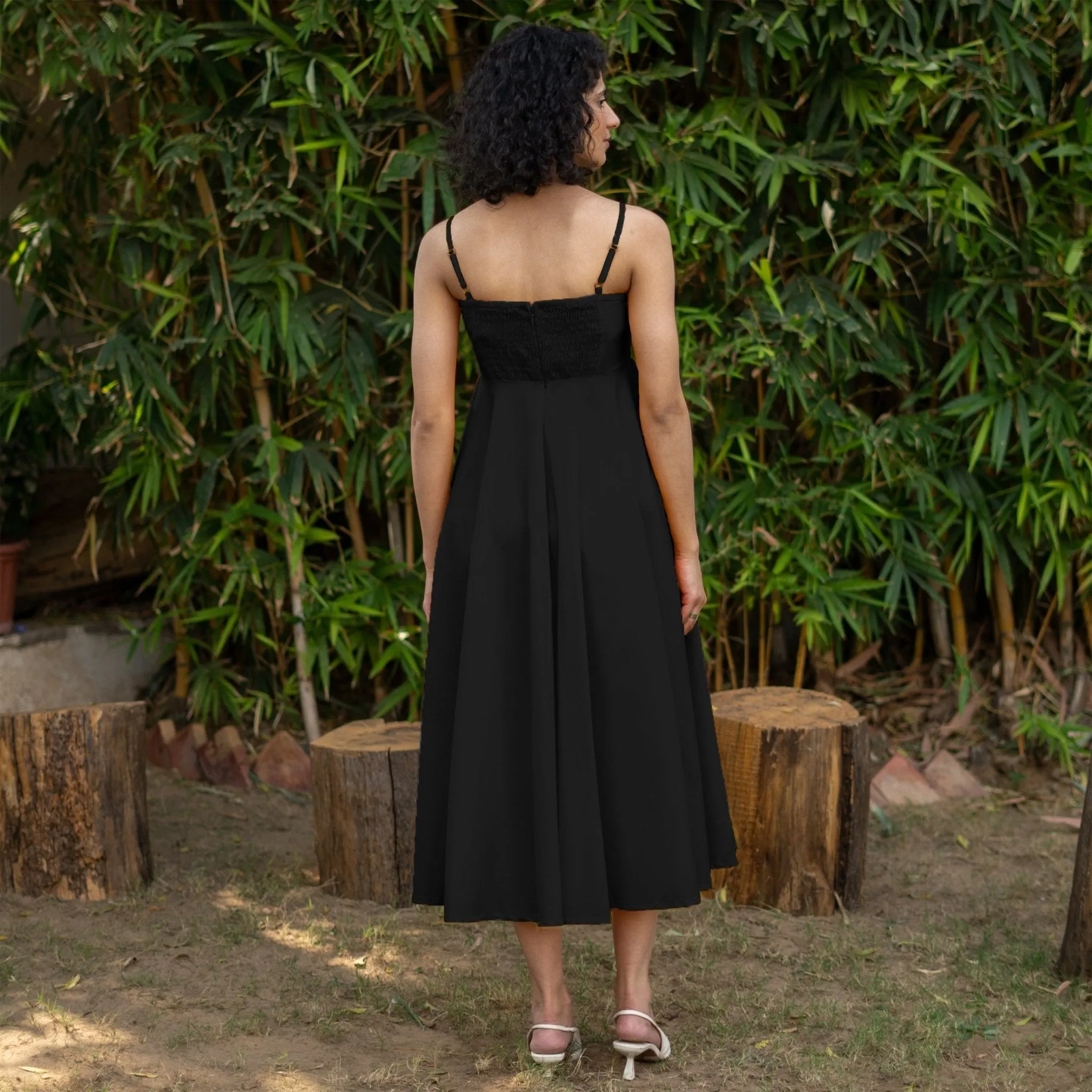 Black Cotton Poplin Fit and Flare Midi Empire Dress