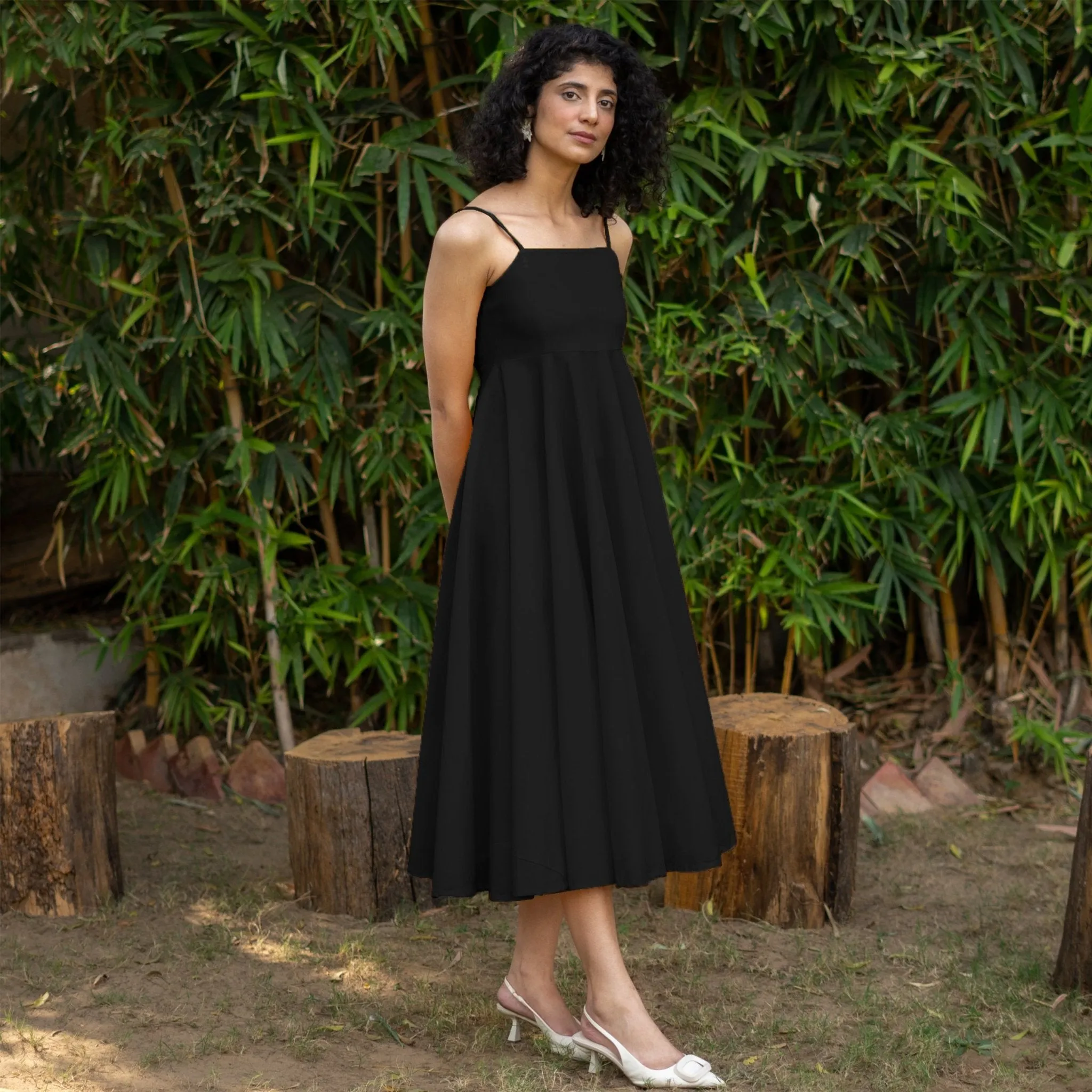Black Cotton Poplin Fit and Flare Midi Empire Dress