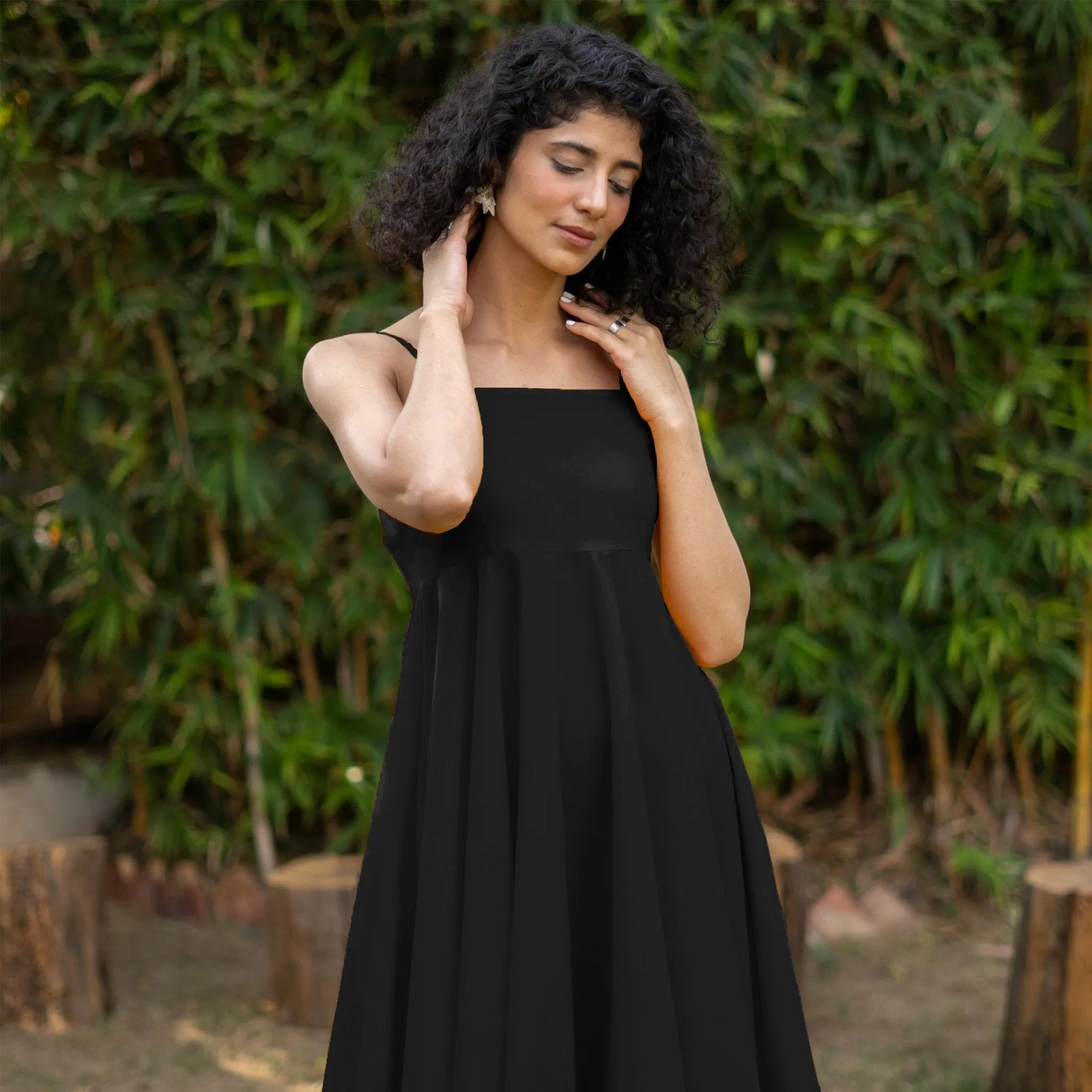 Black Cotton Poplin Fit and Flare Midi Empire Dress