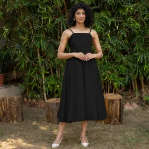 Black Cotton Poplin Fit and Flare Midi Empire Dress