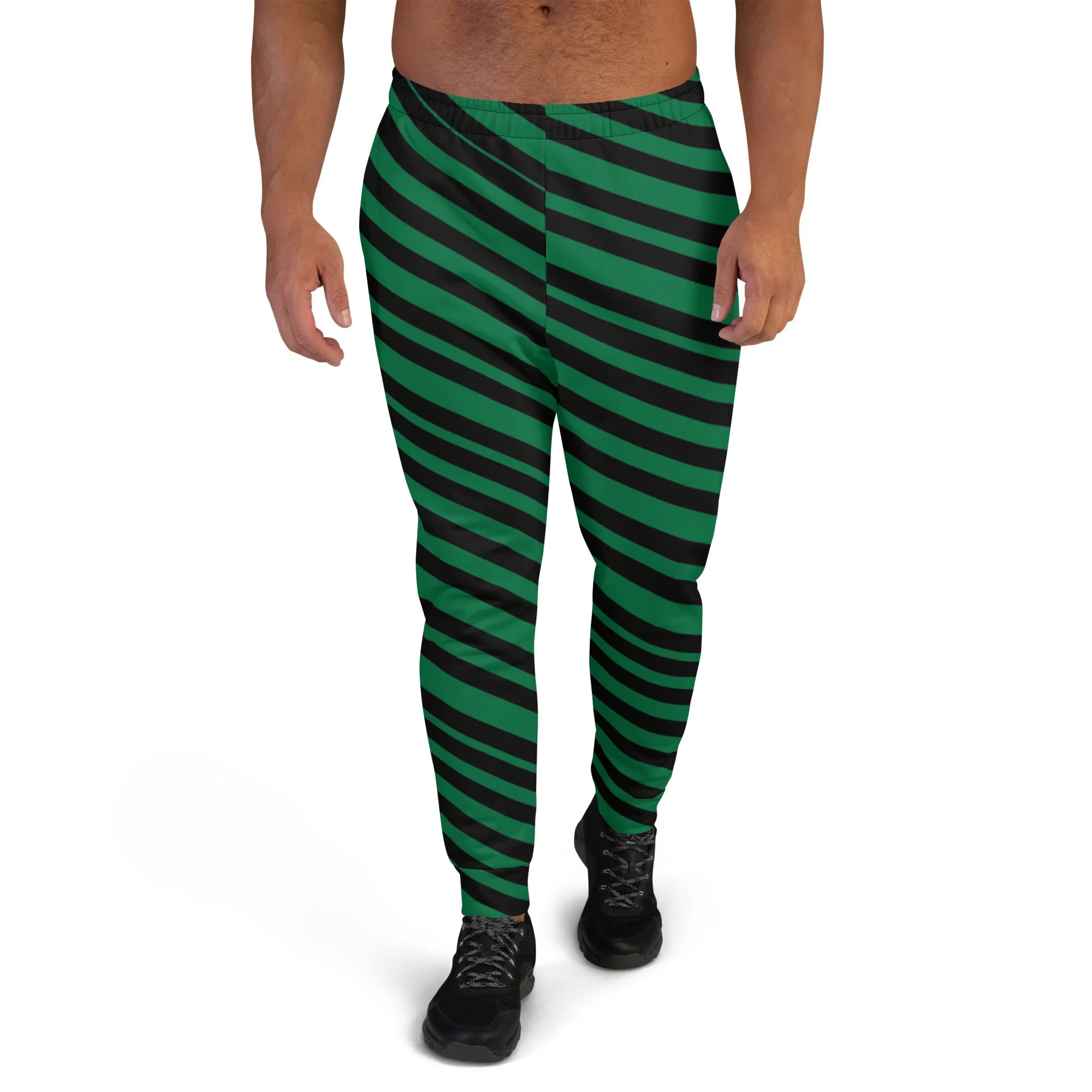 Black Green Stripes Men's Joggers, Diagonally Striped Men's Sweatpants Joggers-Made in USA/EU/MX