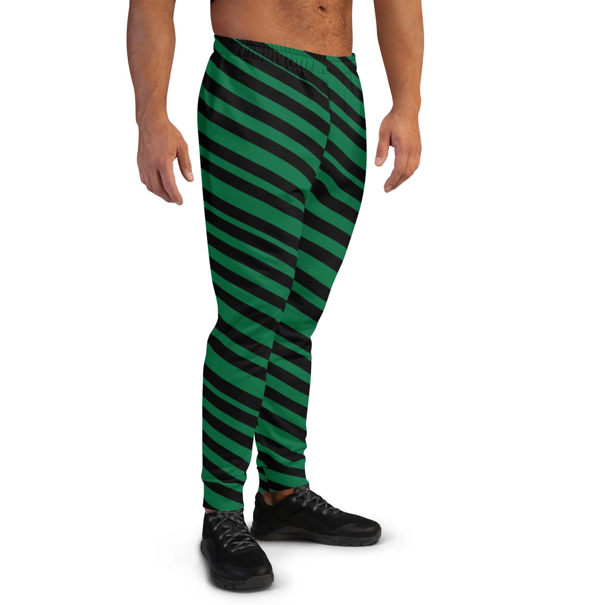 Black Green Stripes Men's Joggers, Diagonally Striped Men's Sweatpants Joggers-Made in USA/EU/MX