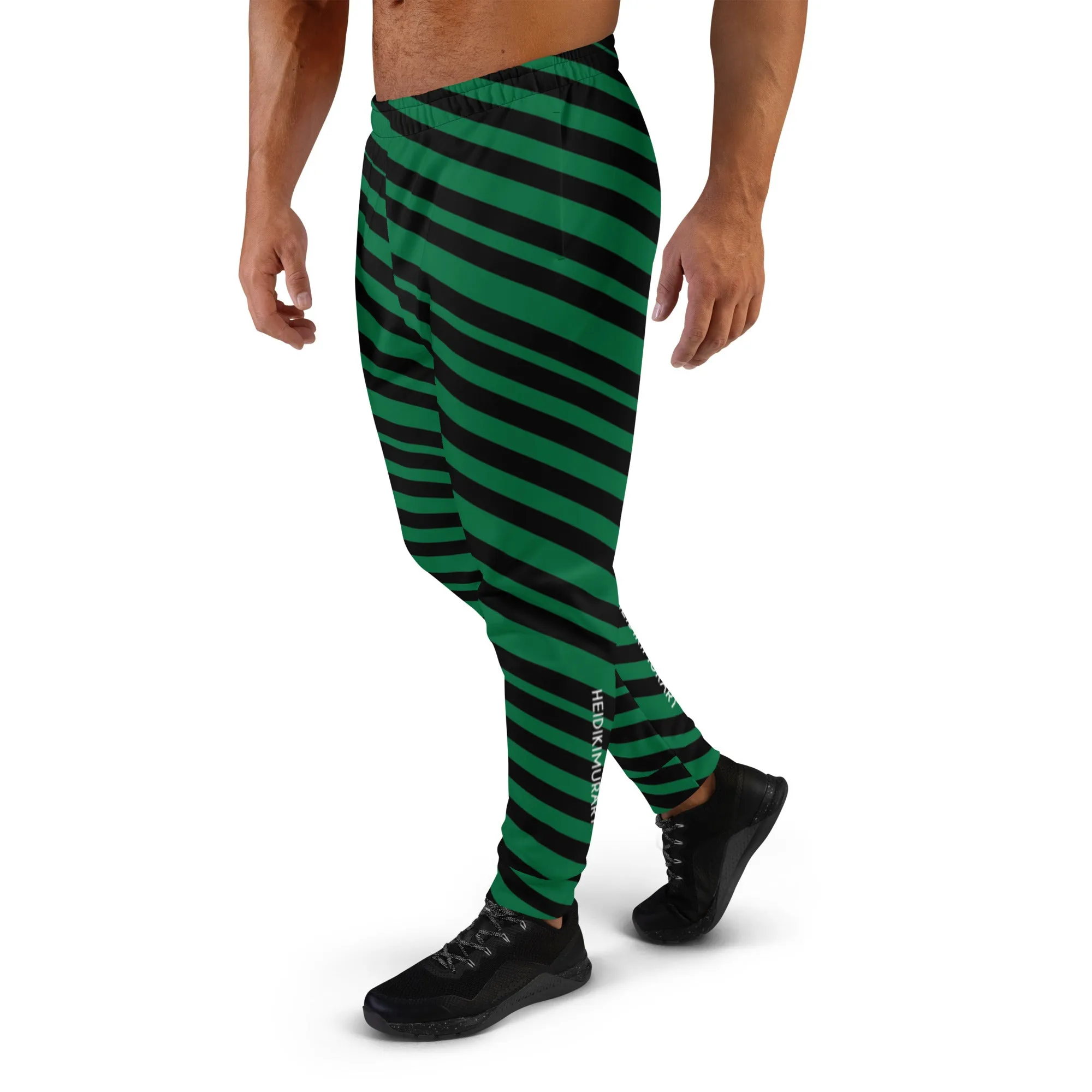 Black Green Stripes Men's Joggers, Diagonally Striped Men's Sweatpants Joggers-Made in USA/EU/MX