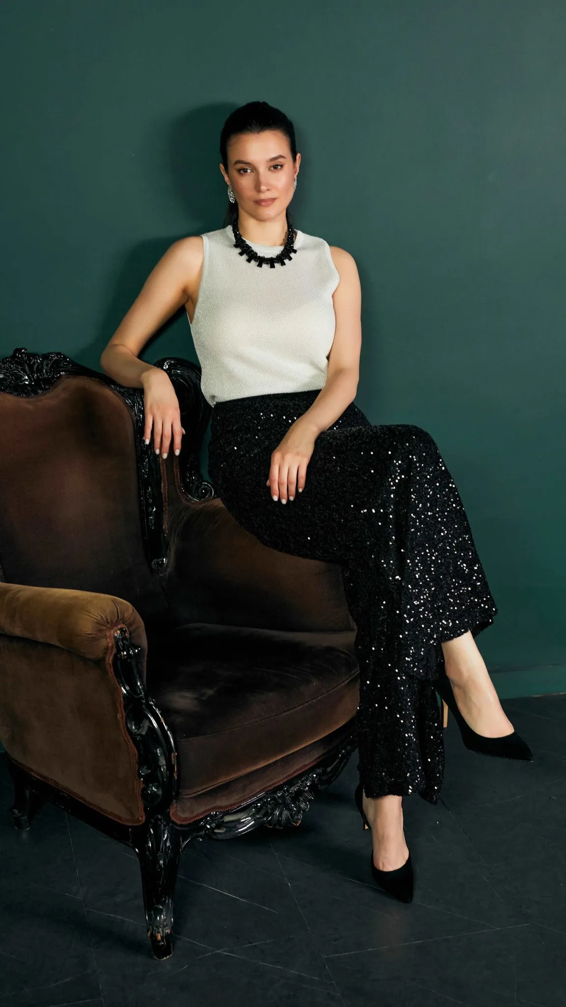 Black Sparkle Sequin Wide Leg Flare Pants - G-Line