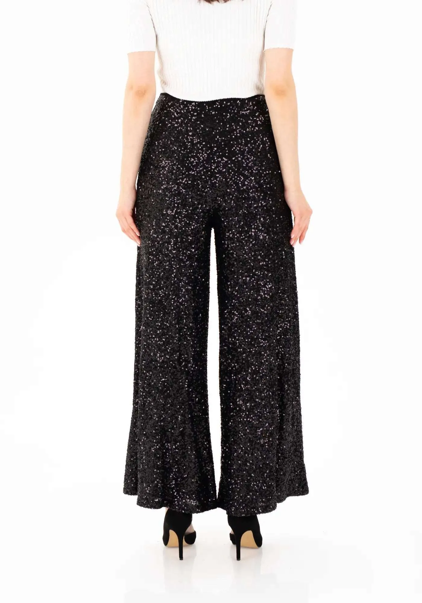 Black Sparkle Sequin Wide Leg Flare Pants - G-Line