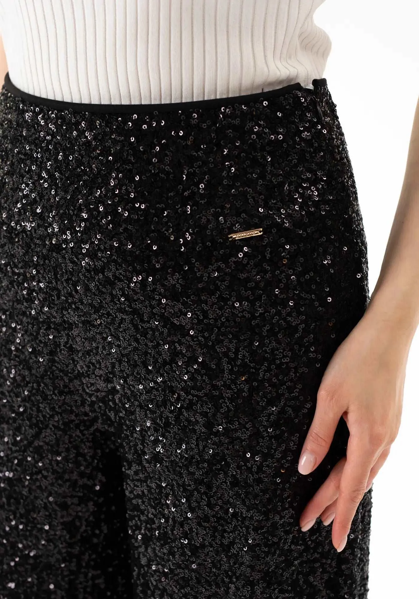 Black Sparkle Sequin Wide Leg Flare Pants - G-Line