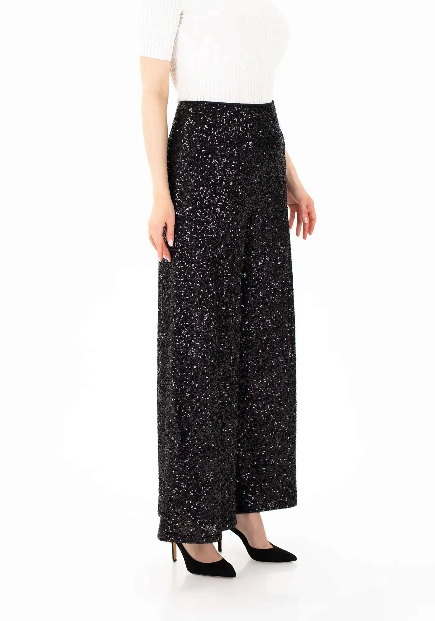 Black Sparkle Sequin Wide Leg Flare Pants - G-Line