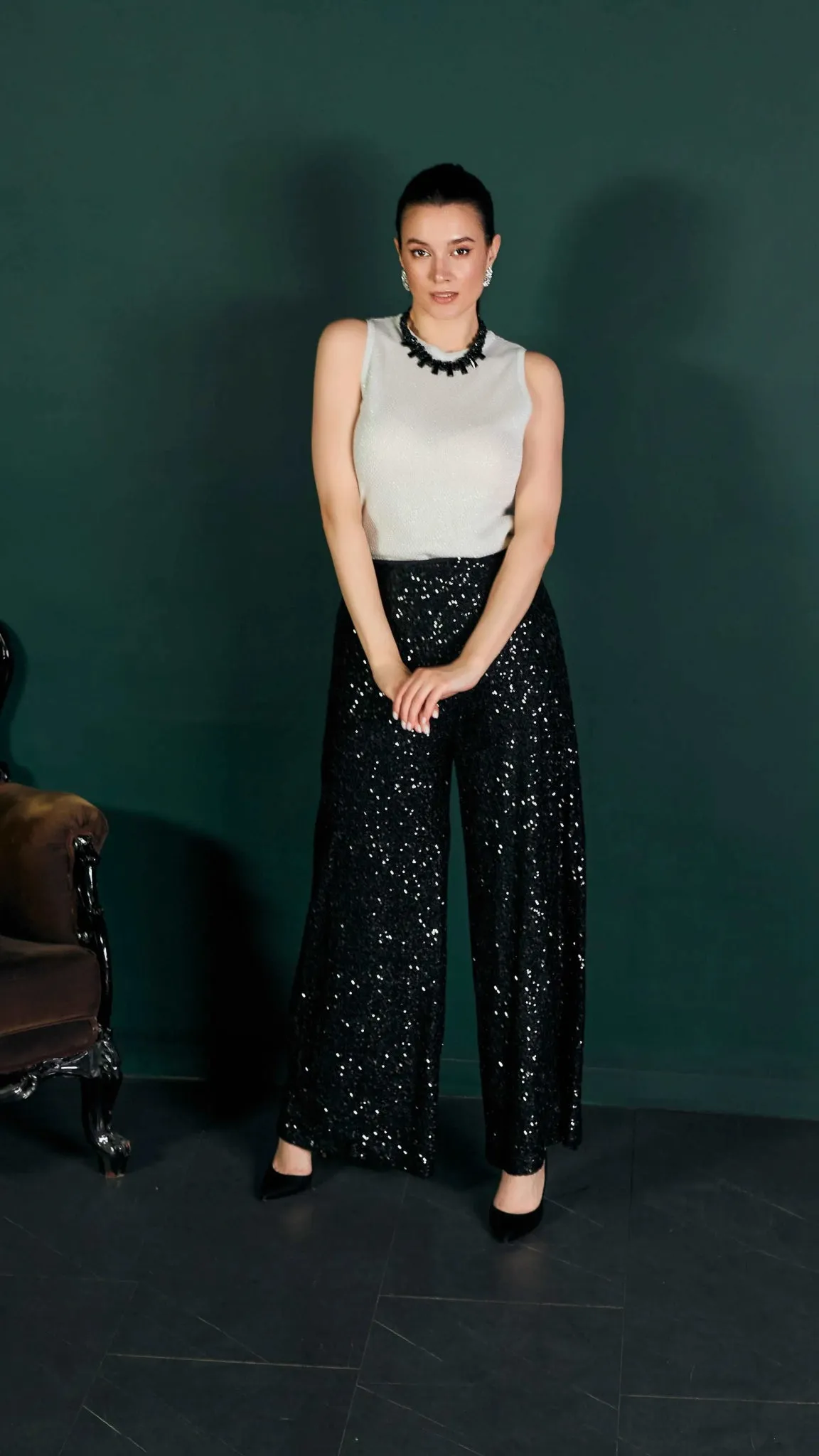 Black Sparkle Sequin Wide Leg Flare Pants - G-Line