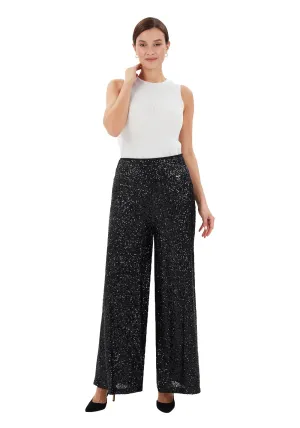 Black Sparkle Sequin Wide Leg Flare Pants - G-Line