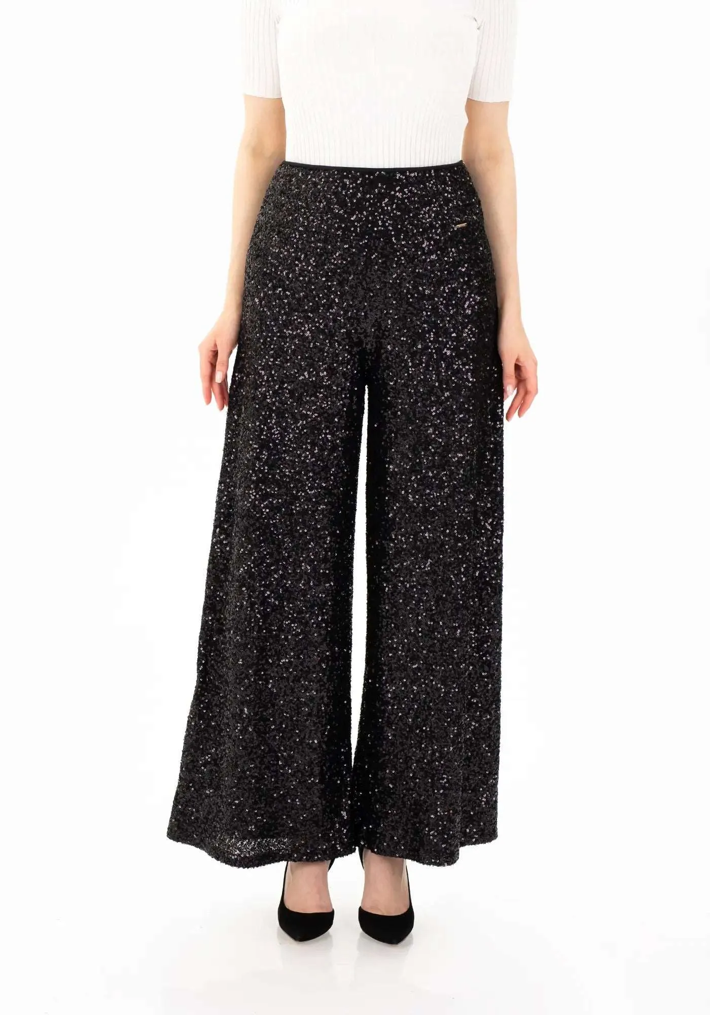 Black Sparkle Sequin Wide Leg Flare Pants - G-Line
