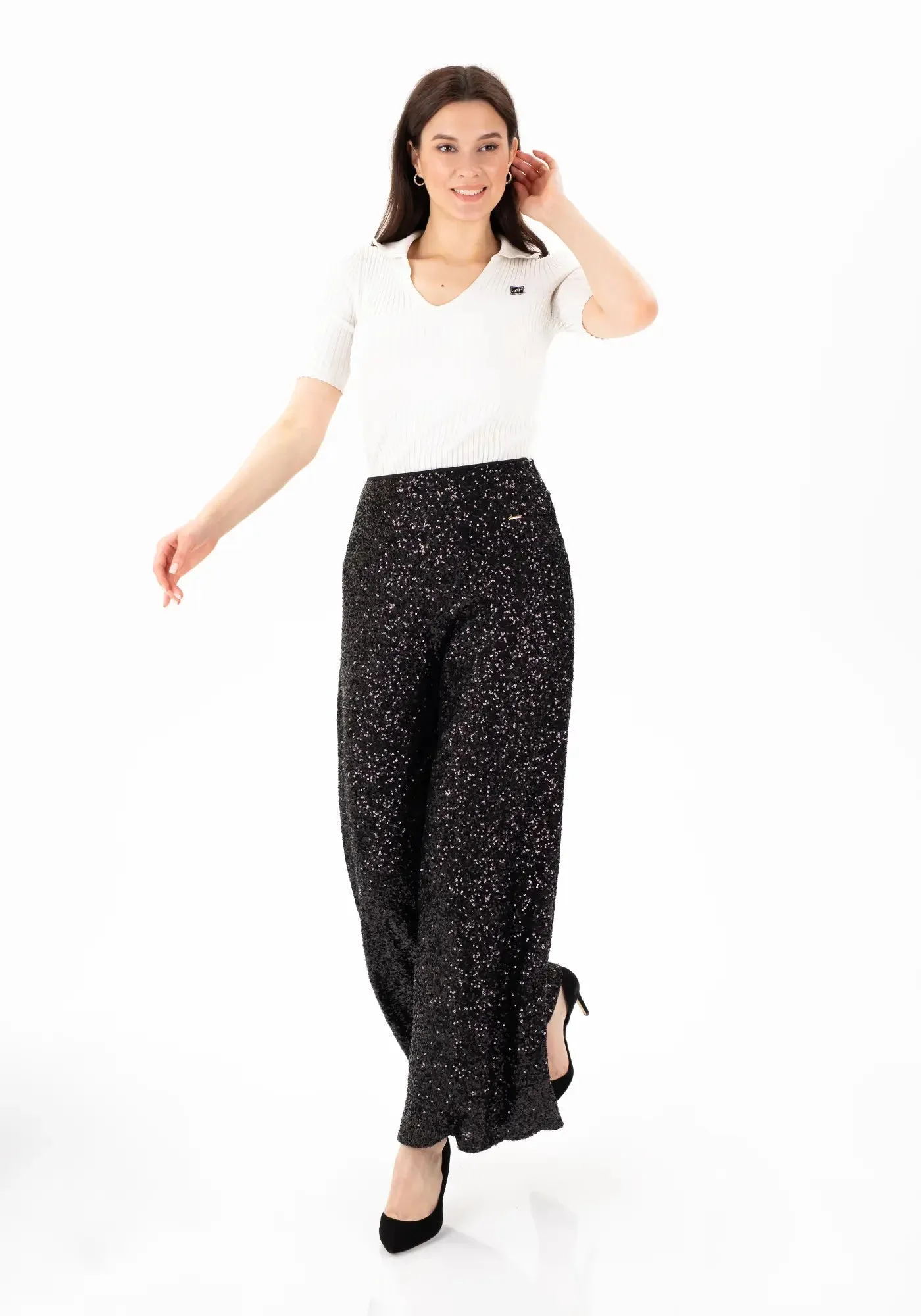 Black Sparkle Sequin Wide Leg Flare Pants - G-Line