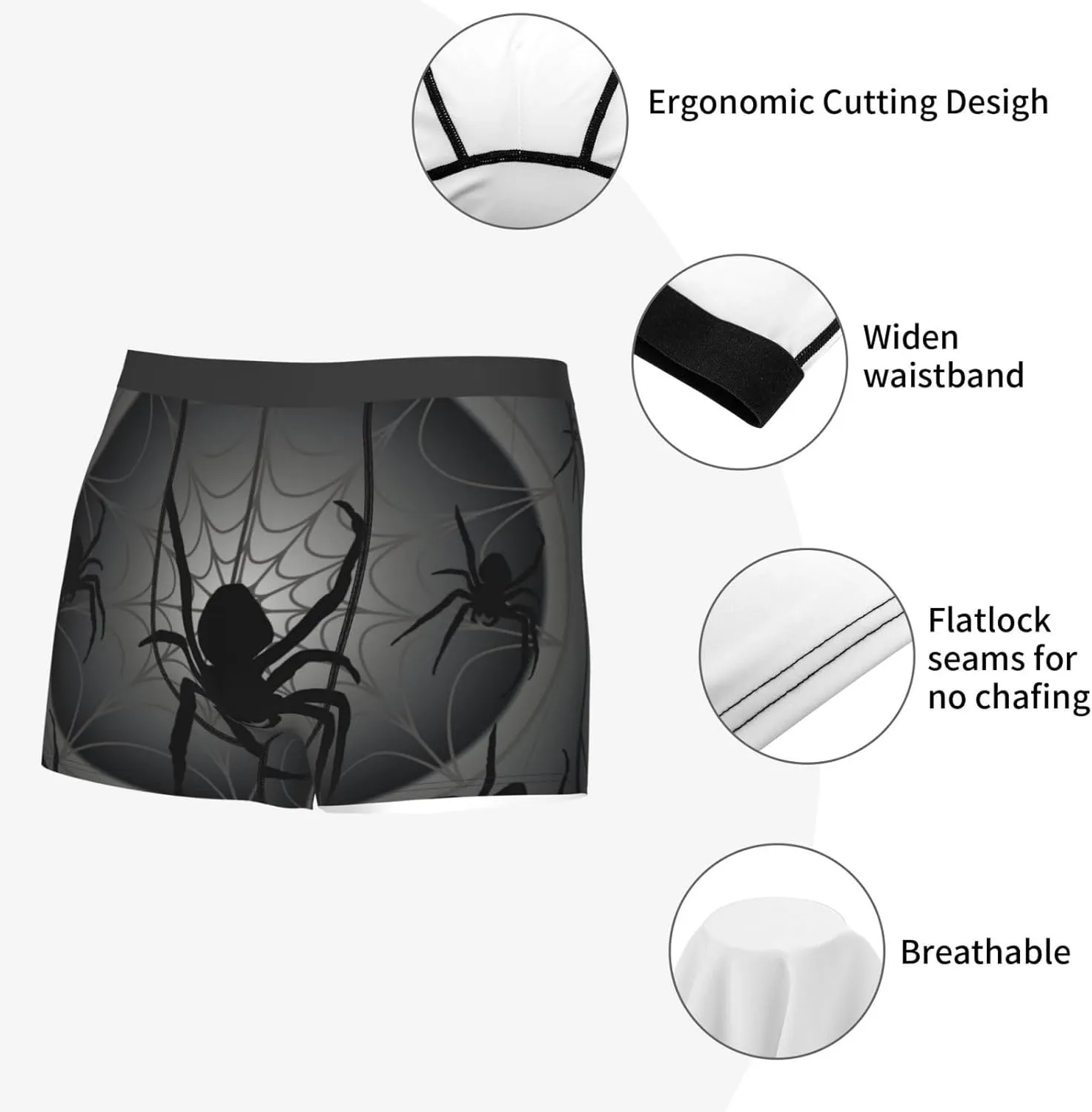 Black Spiders Print Boxer Briefs For Men Breathable Underwear-