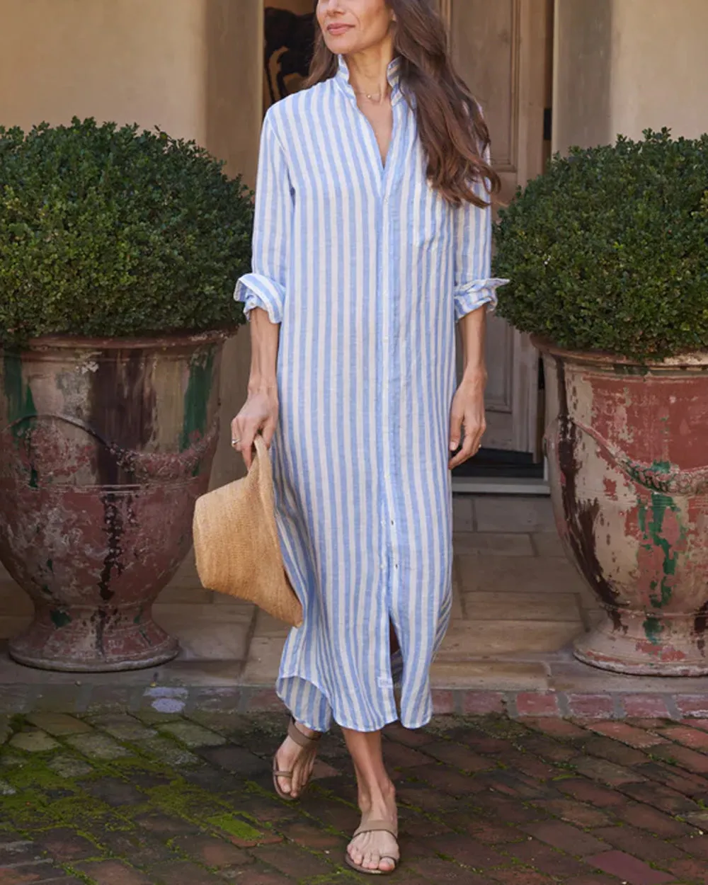 Blue and White Stripe Linen Rory Maxi Shirtdress