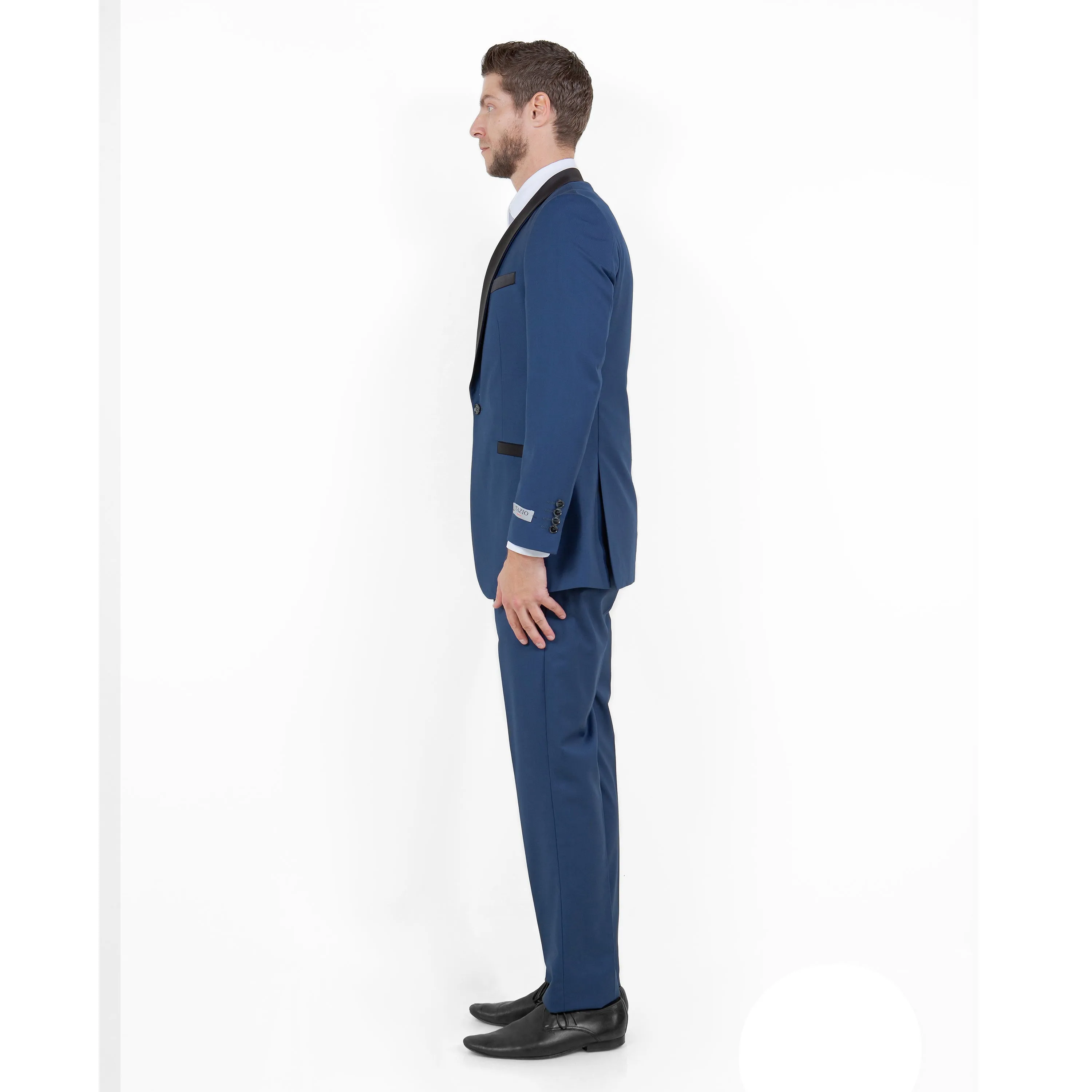Blue / Black Solid with Black Shawl Collar Trim 2-PC Slim Fit Suits