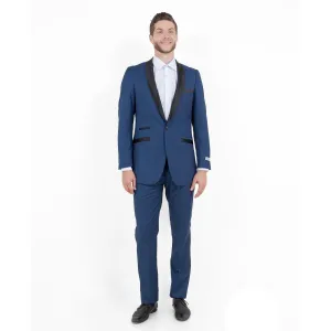 Blue / Black Solid with Black Shawl Collar Trim 2-PC Slim Fit Suits