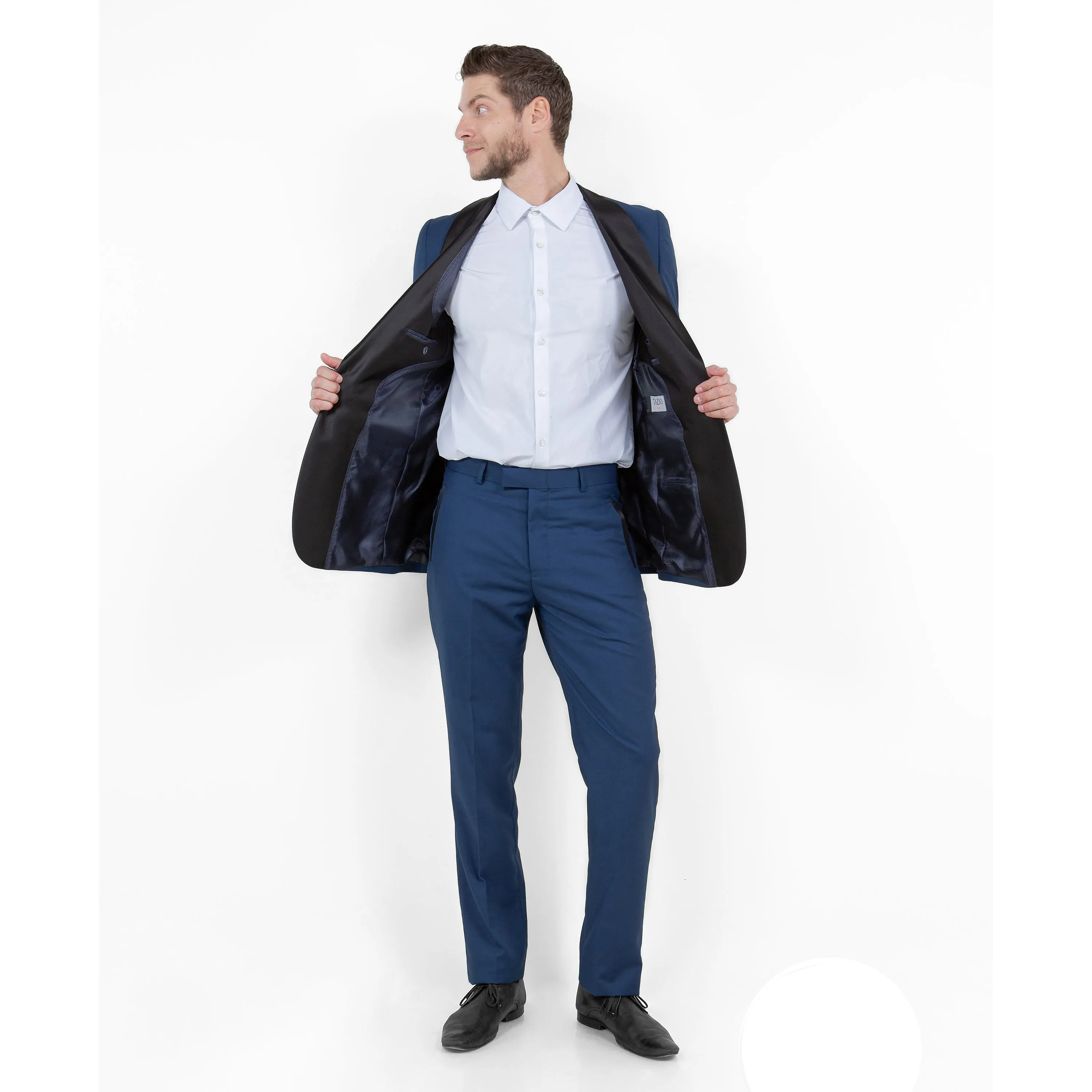 Blue / Black Solid with Black Shawl Collar Trim 2-PC Slim Fit Suits