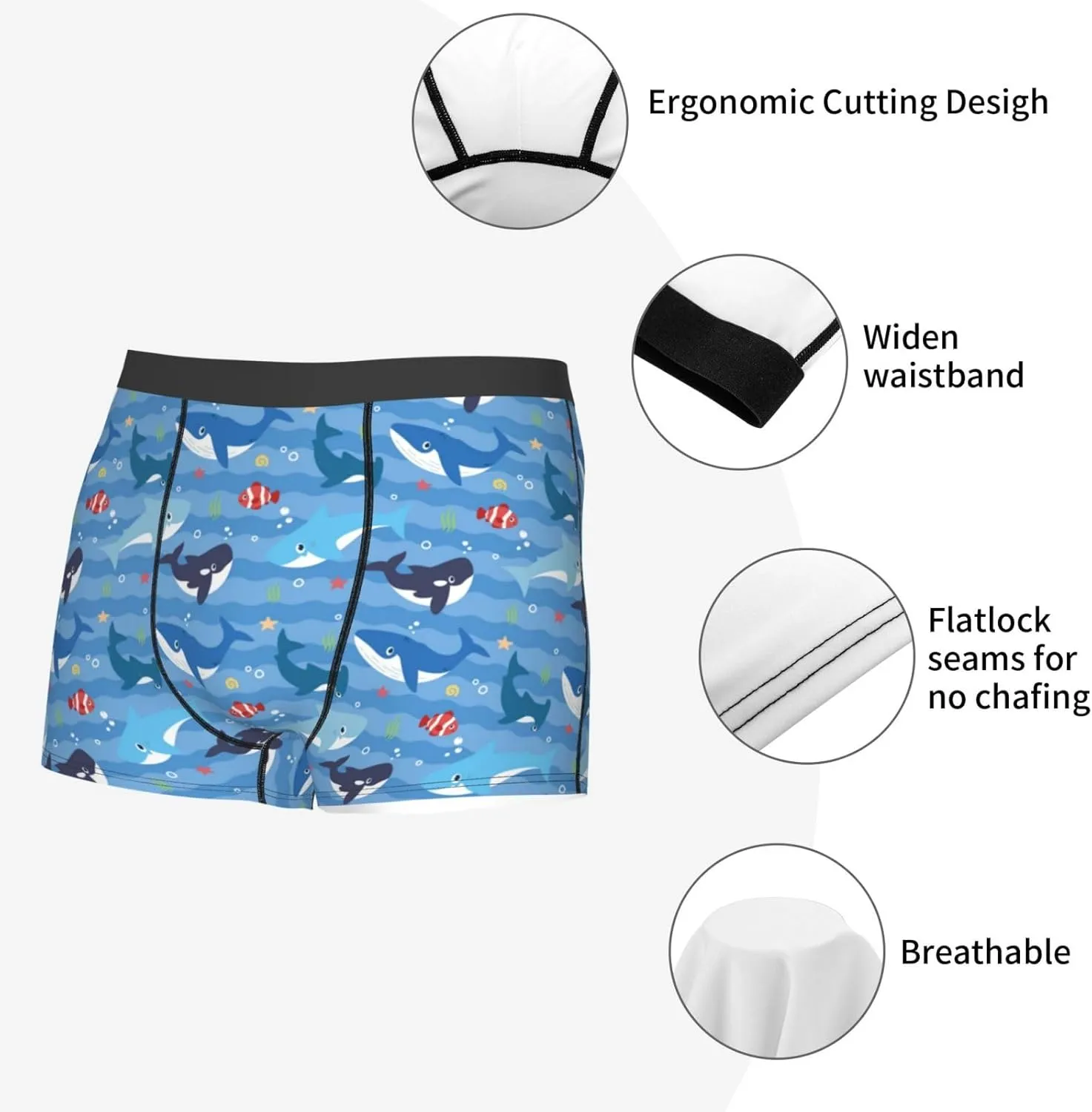 Blue Fish Print Boxer Briefs For Men Breathable Underwear-