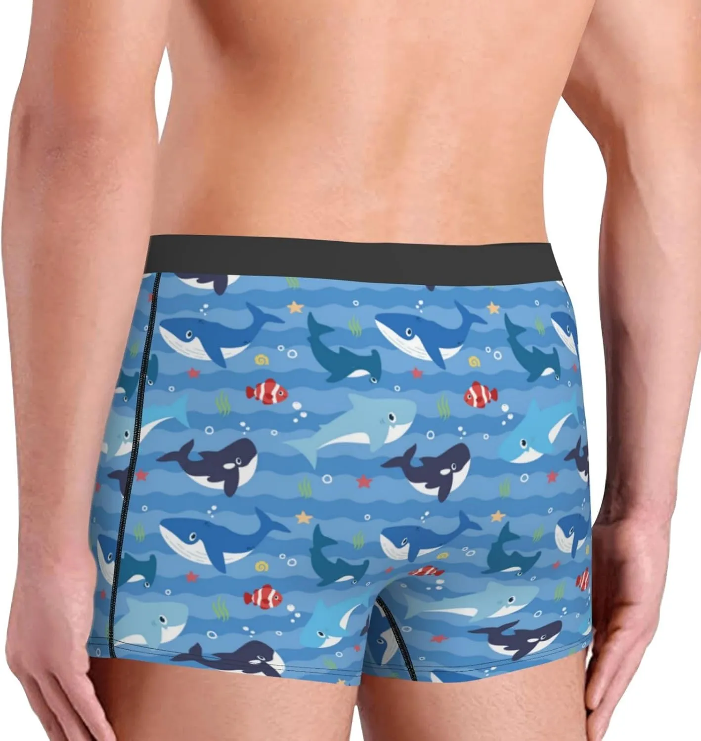 Blue Fish Print Boxer Briefs For Men Breathable Underwear-