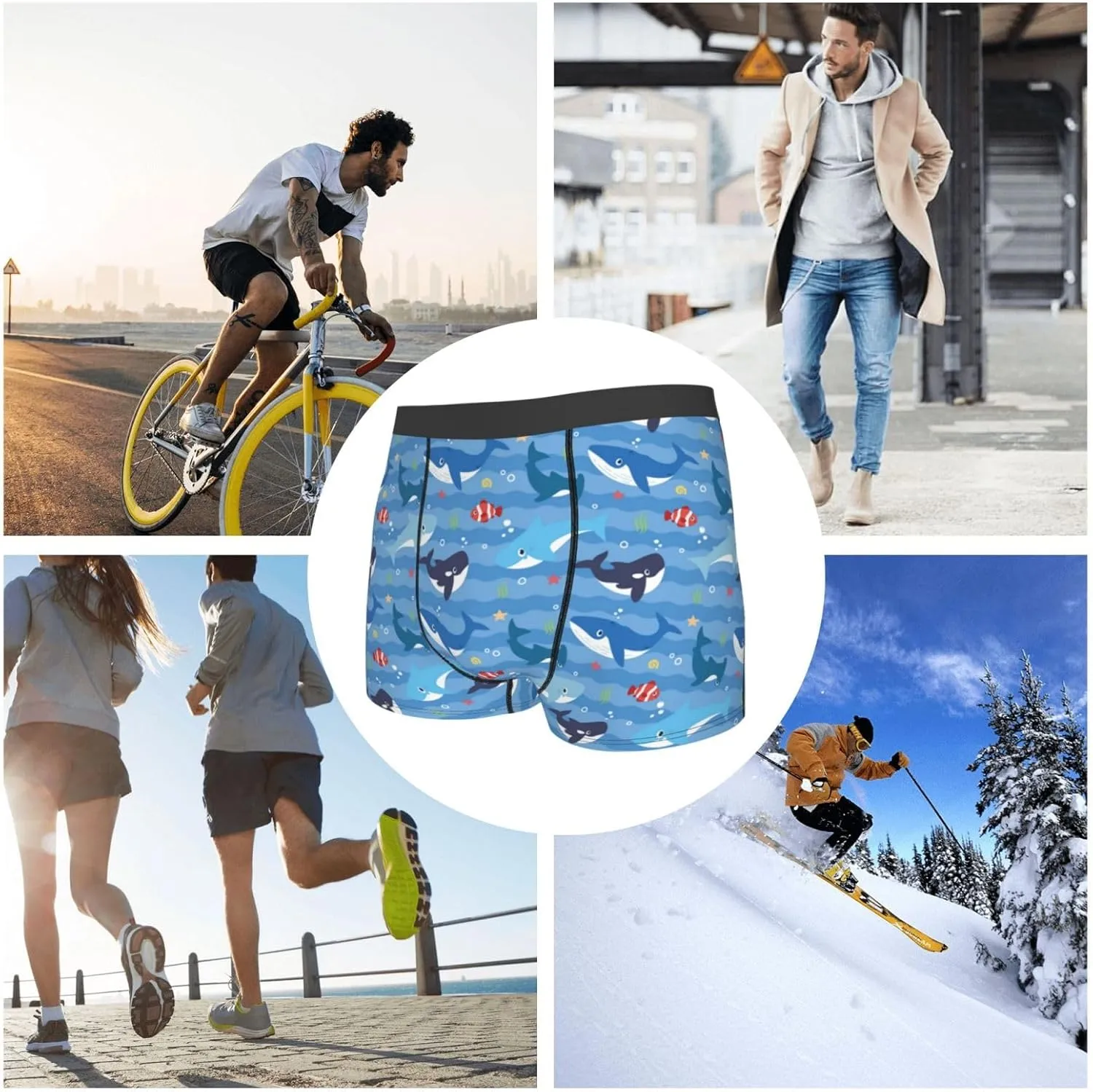 Blue Fish Print Boxer Briefs For Men Breathable Underwear-