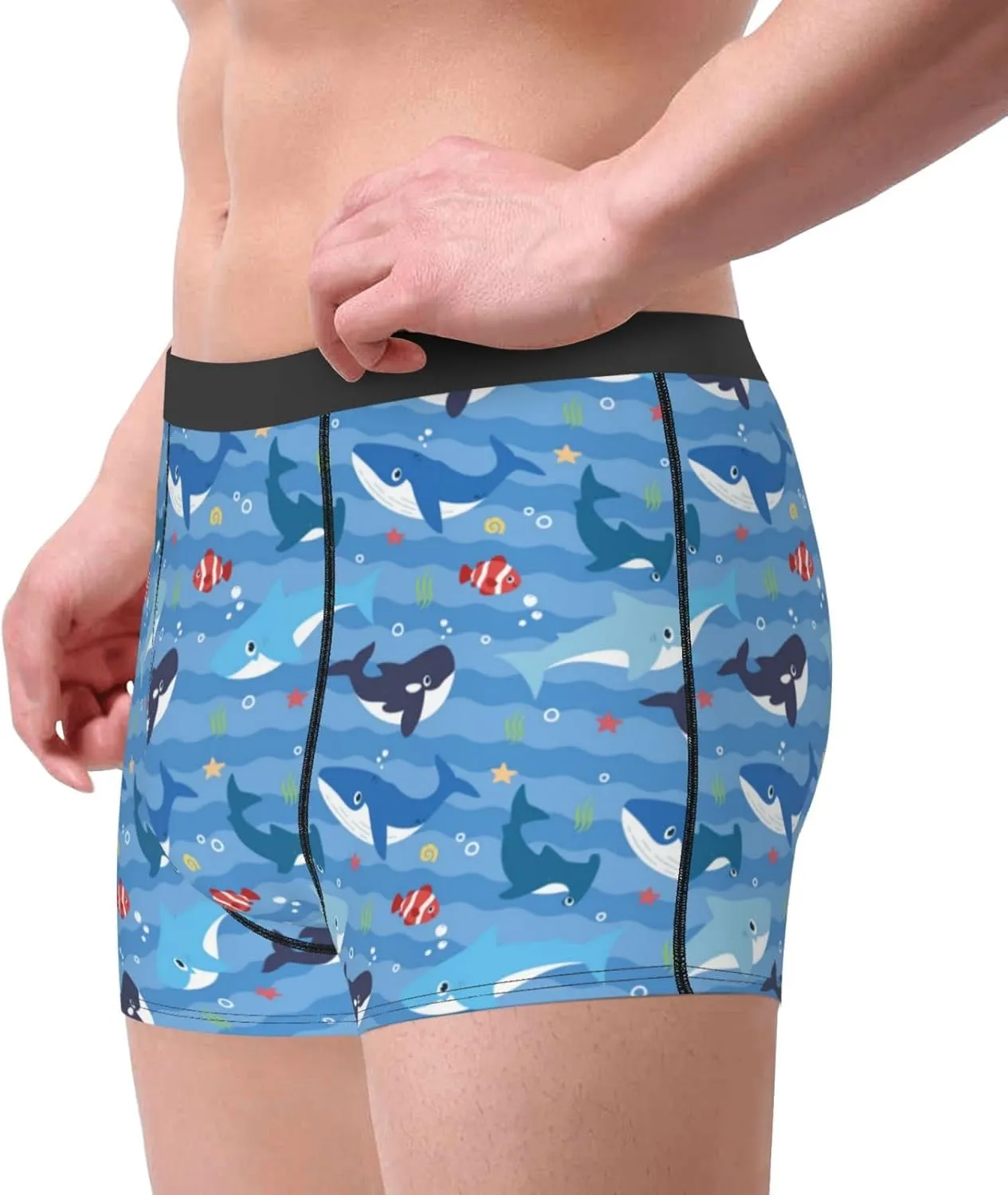 Blue Fish Print Boxer Briefs For Men Breathable Underwear-
