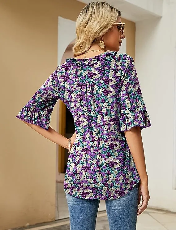 Blue Half Sleeve Tops Casual V Neck T Shirts Loose Summer Tops Ruffle - Ivicoer