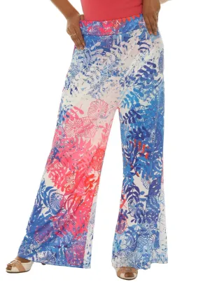 Blue Leaf Print Wide Leg Pants