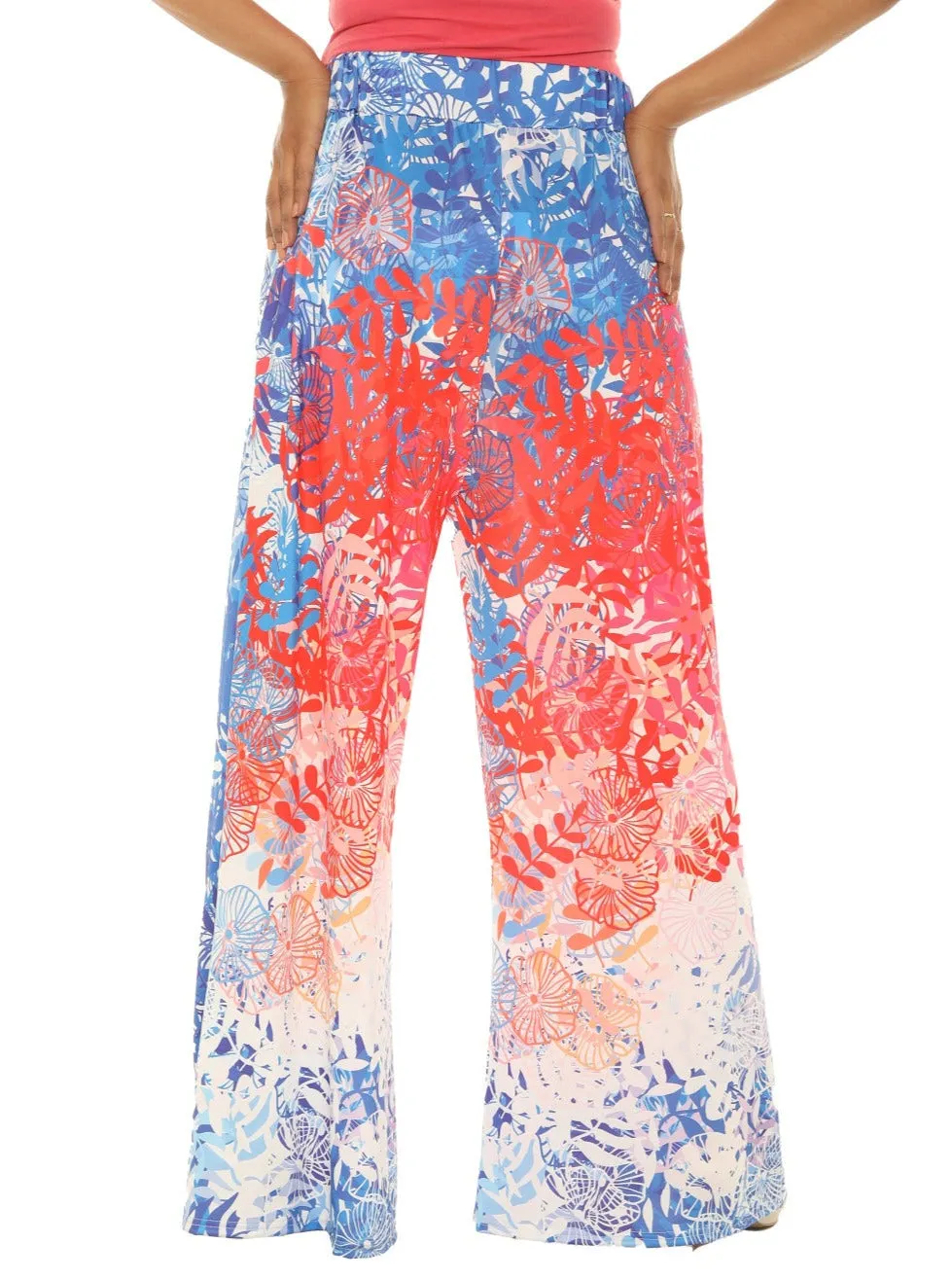 Blue Leaf Print Wide Leg Pants