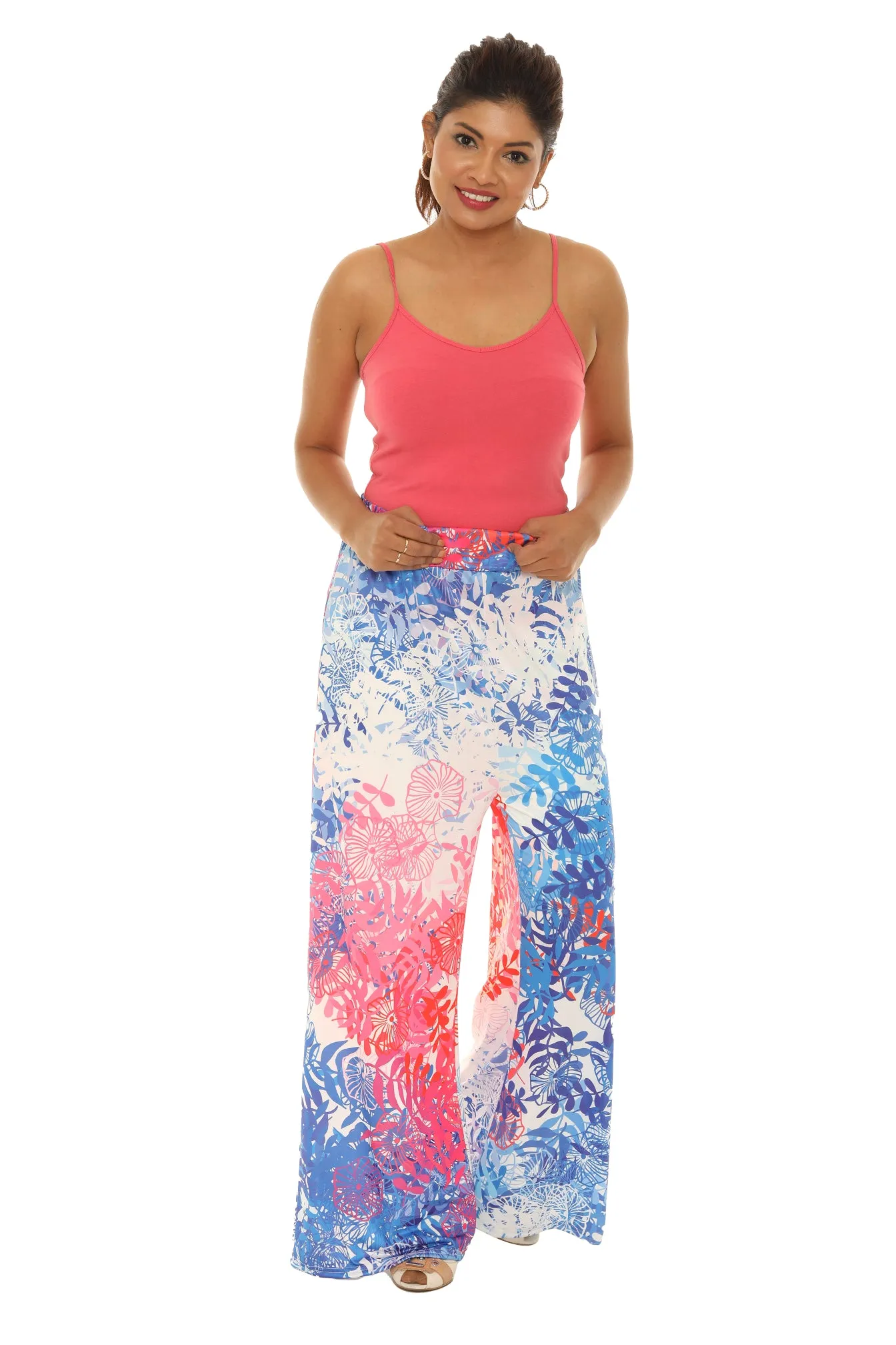Blue Leaf Print Wide Leg Pants