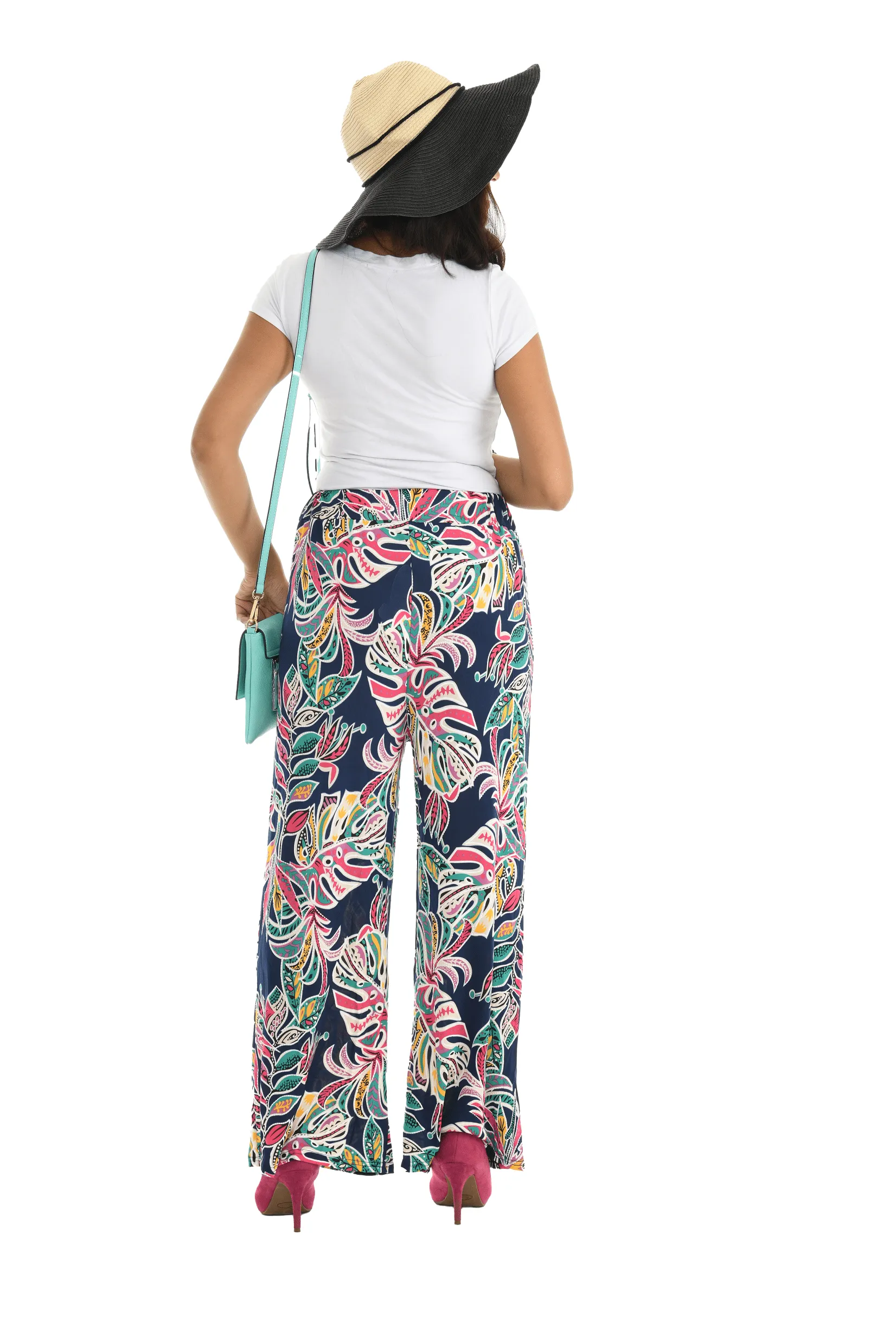 Blue Palm Tree Print Wide Leg Pant