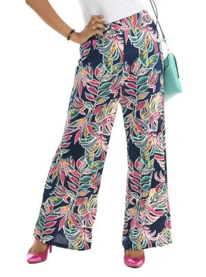 Blue Palm Tree Print Wide Leg Pant