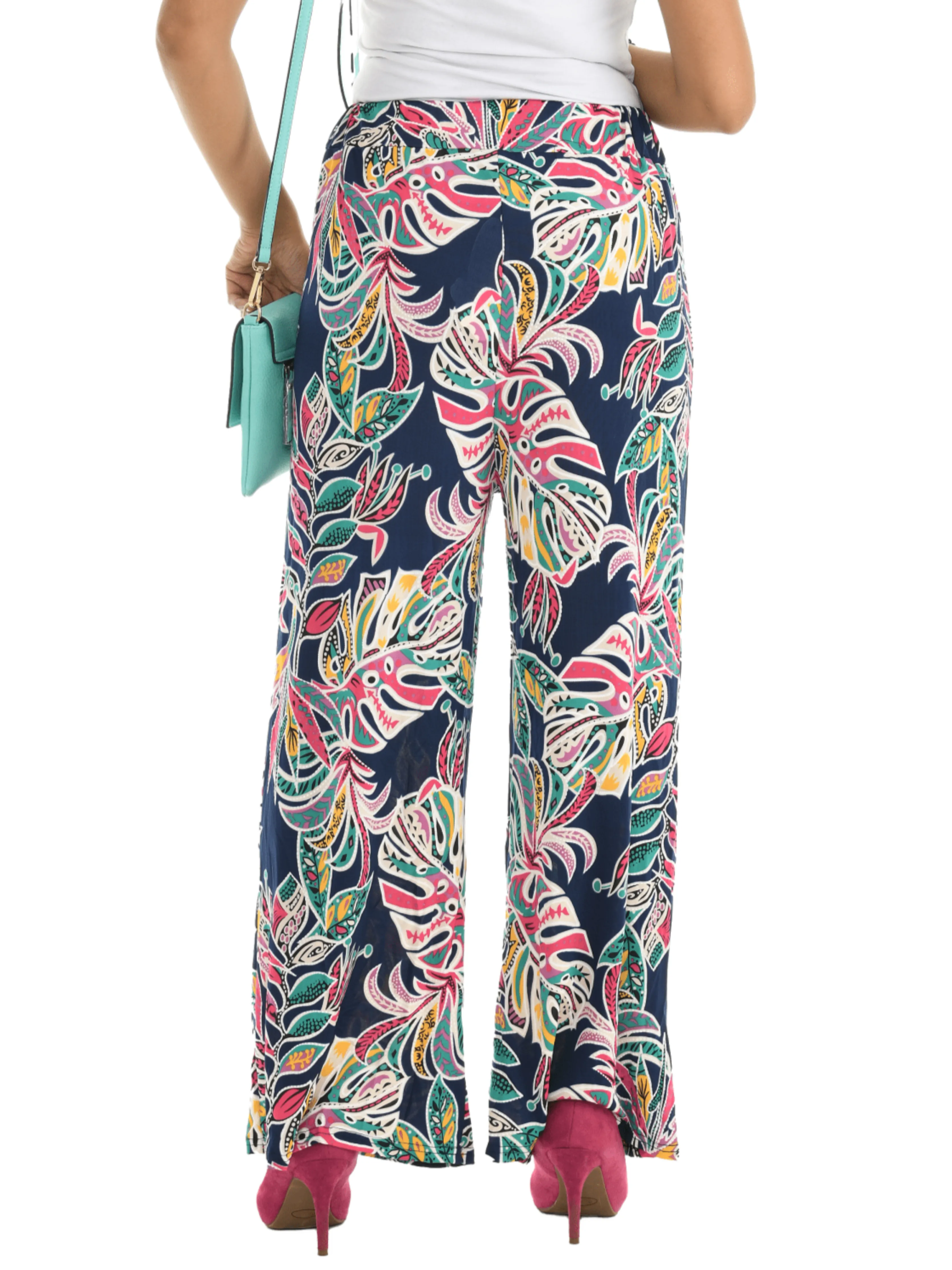Blue Palm Tree Print Wide Leg Pant