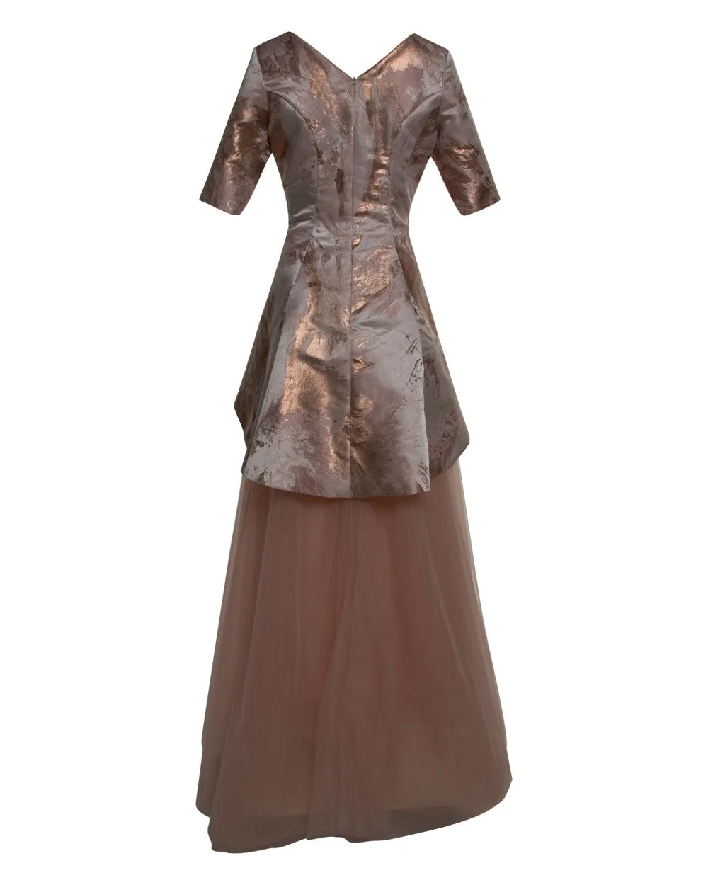 Blush Painted Metallic Italian Jacquard and Tulle Gown