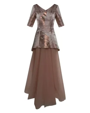 Blush Painted Metallic Italian Jacquard and Tulle Gown
