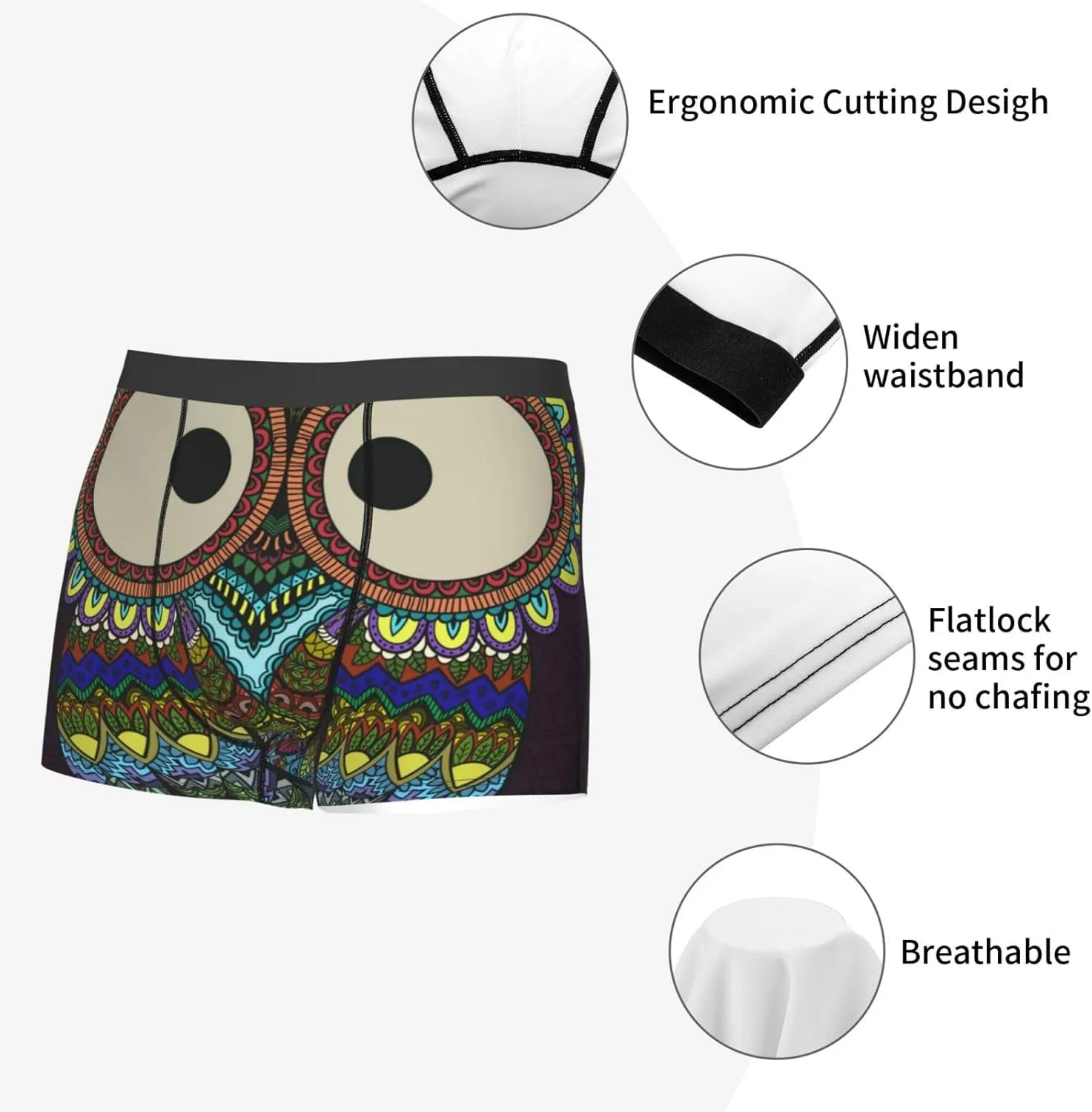 Boho Owl Print Boxer Briefs For Men Breathable Underwear-