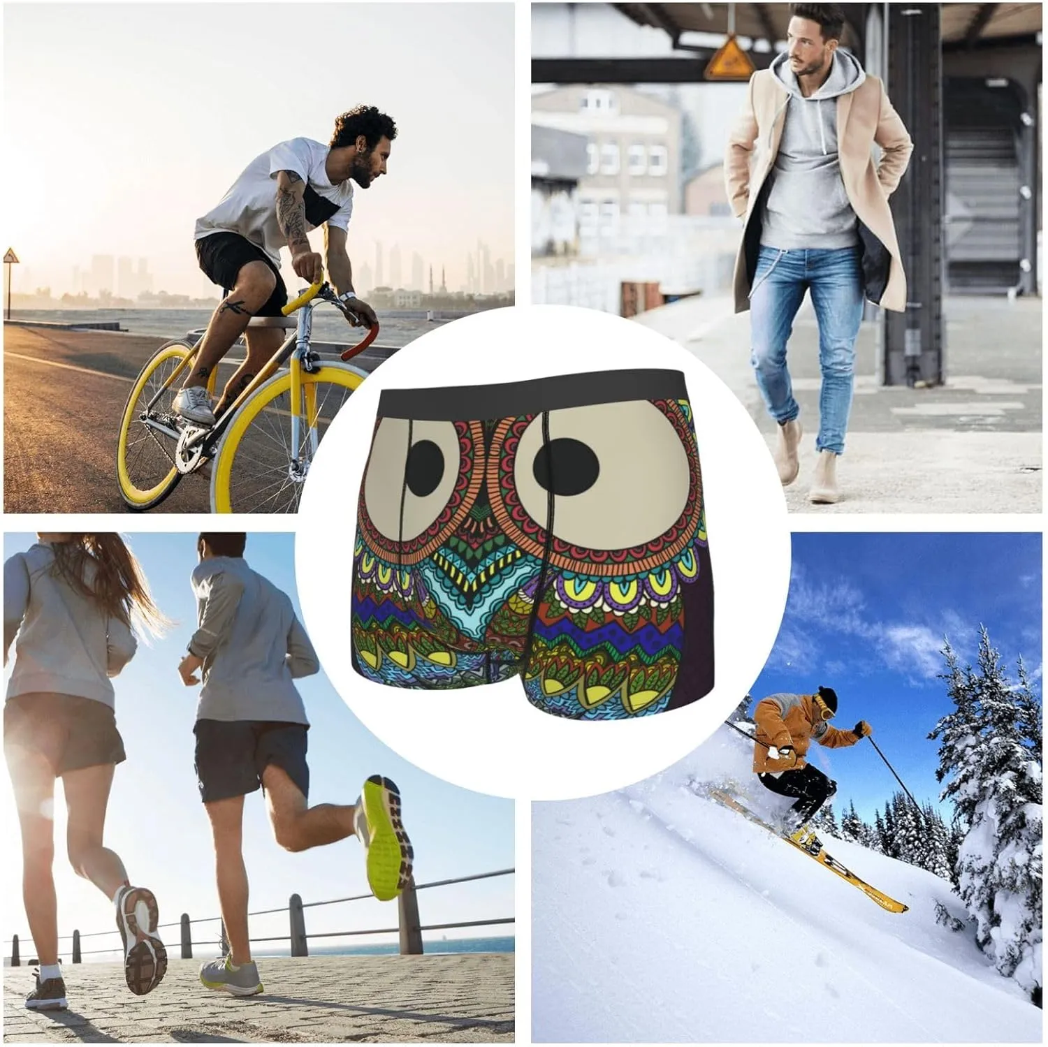 Boho Owl Print Boxer Briefs For Men Breathable Underwear-