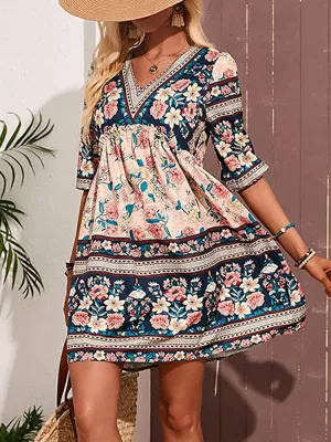 Boho Retro Mini Dress Women Floral Print Beach Dress Female V Neck Short Sleeve Dress Ladies Casual Loose Holiday Dress Summer Boho Retro Mini Dress Women Floral Print Beach Dress Female V Neck Short Sleeve Dress Ladies Casual Loose Holiday Dress Summer