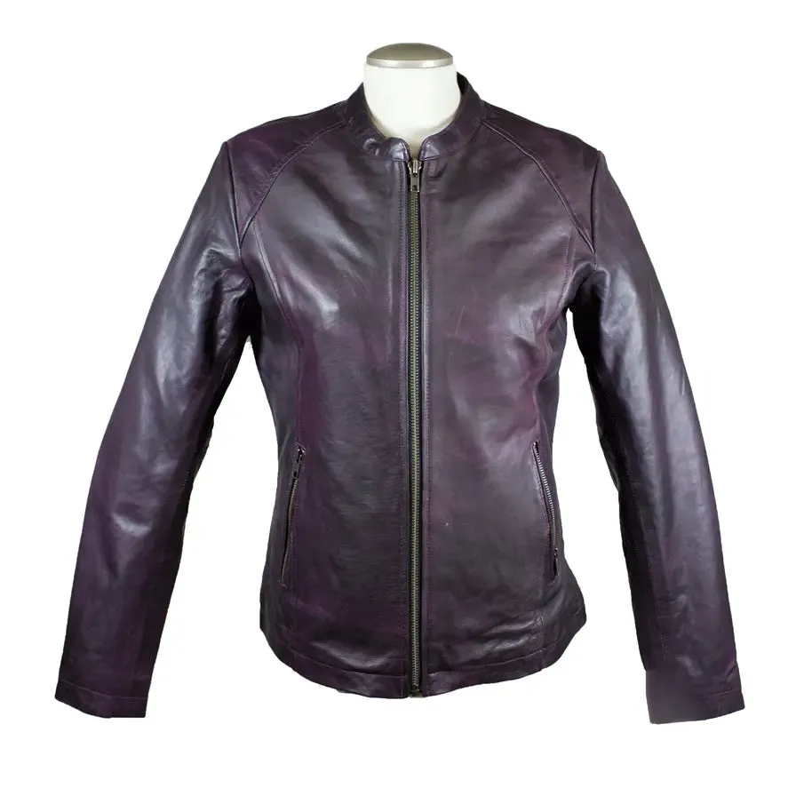 BOL Women's Purple Wash Moto Sheepskin Leather Jacket