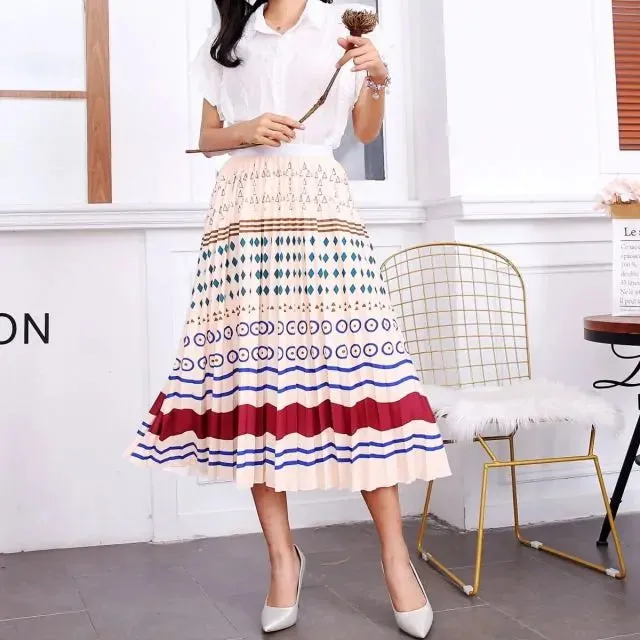 Bold Print Polyester Pleated Skirts