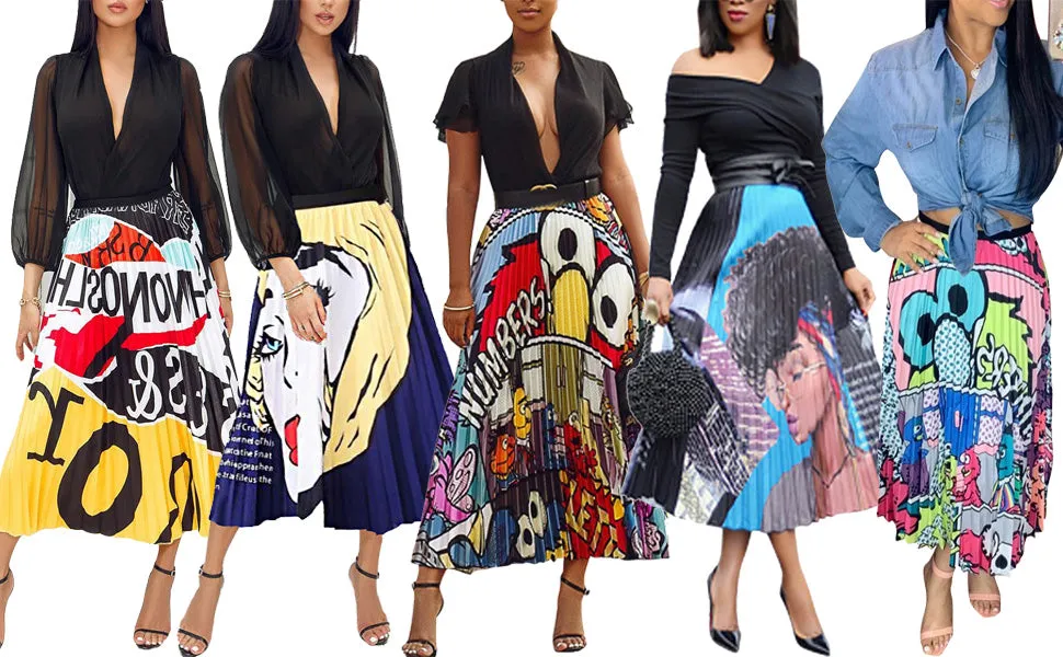 Bold Print Polyester Pleated Skirts