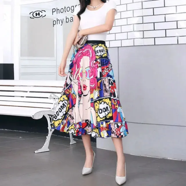 Bold Print Polyester Pleated Skirts