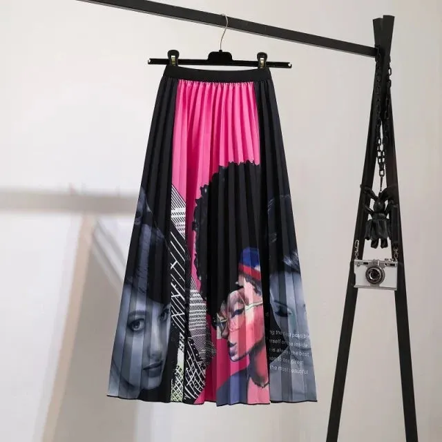 Bold Print Polyester Pleated Skirts