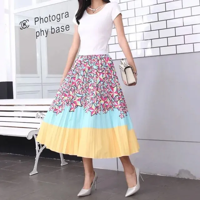 Bold Print Polyester Pleated Skirts