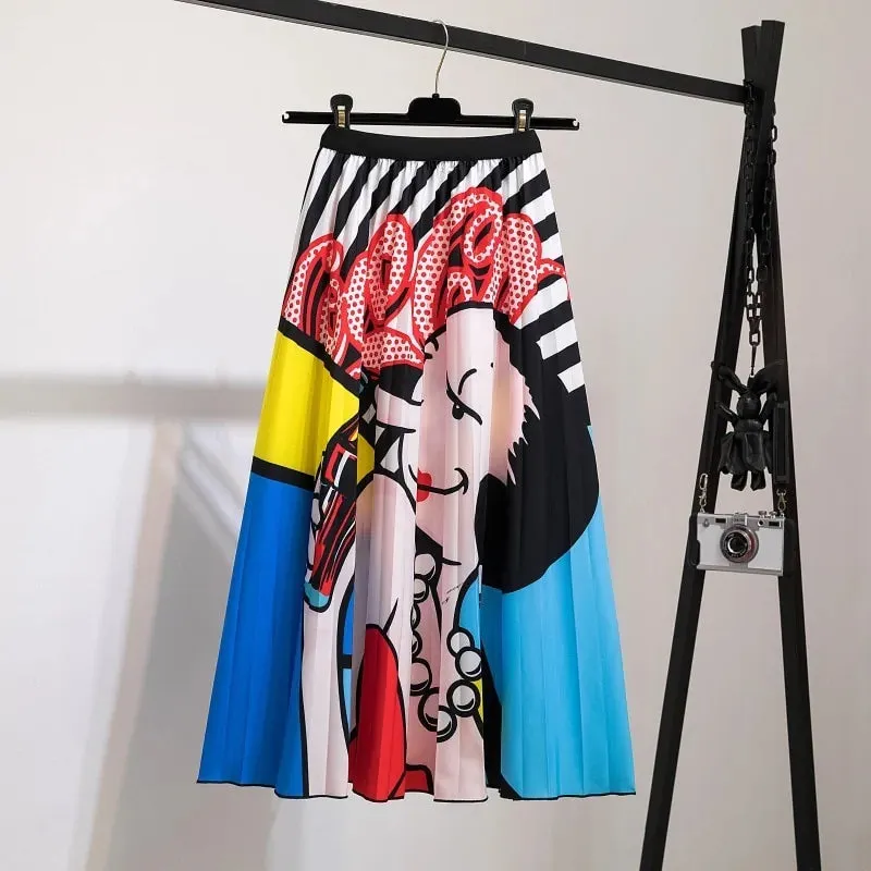 Bold Print Polyester Pleated Skirts