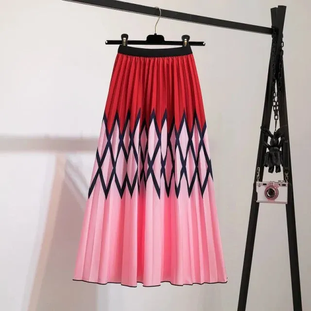 Bold Print Polyester Pleated Skirts