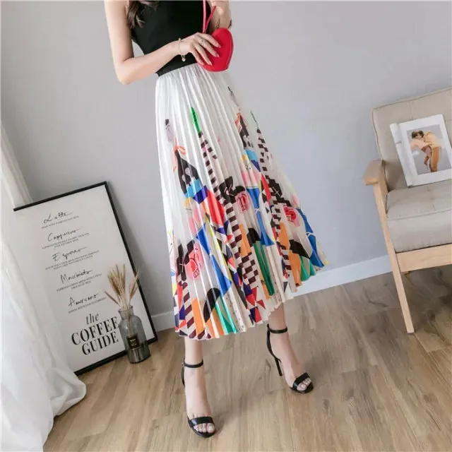 Bold Print Polyester Pleated Skirts