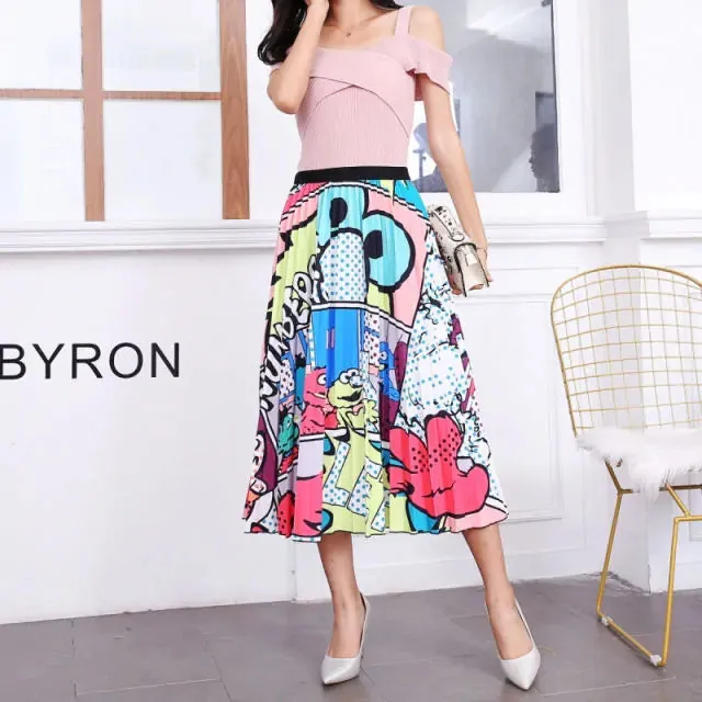 Bold Print Polyester Pleated Skirts