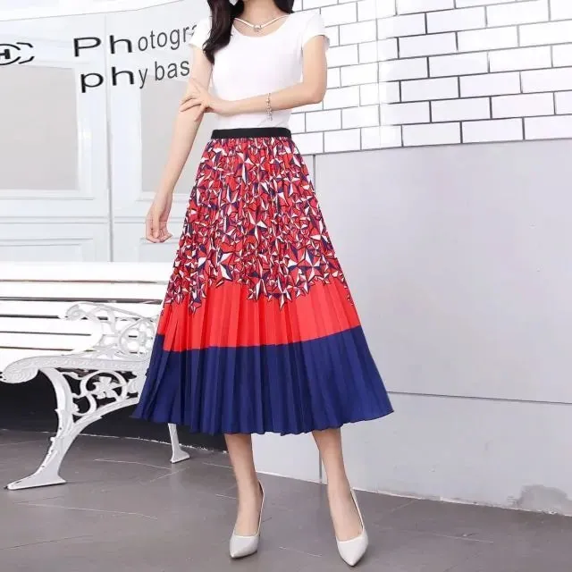 Bold Print Polyester Pleated Skirts
