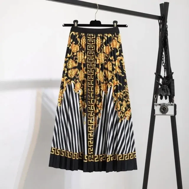 Bold Print Polyester Pleated Skirts
