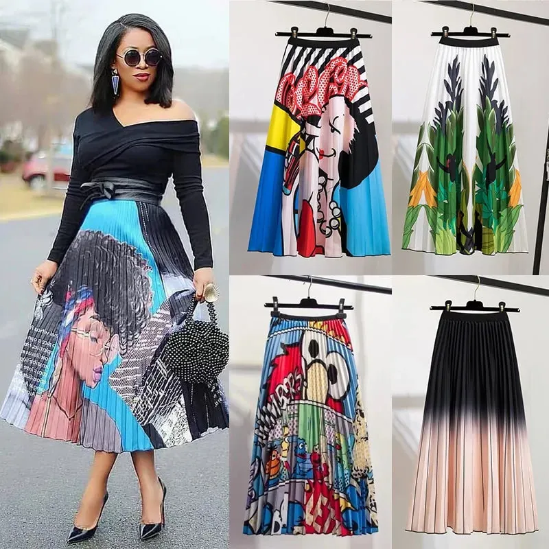 Bold Print Polyester Pleated Skirts