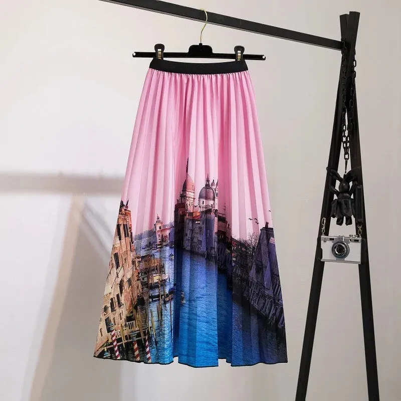 Bold Print Polyester Pleated Skirts